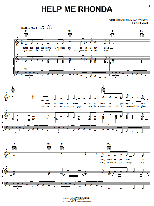 The Beach Boys Help Me Rhonda sheet music notes and chords arranged for Big Note Piano