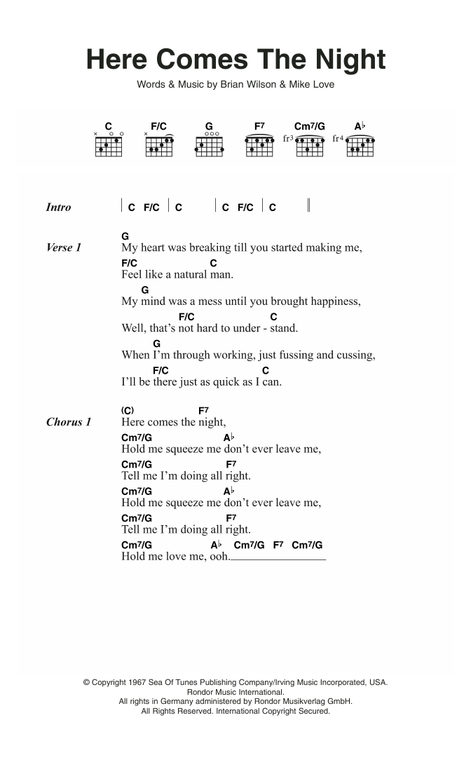 The Beach Boys Here Comes The Night sheet music notes and chords arranged for Guitar Chords/Lyrics