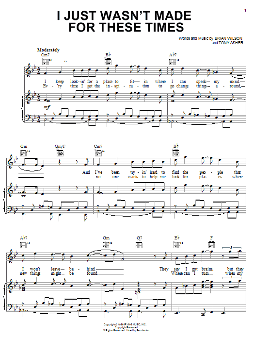 The Beach Boys I Just Wasn't Made For These Times sheet music notes and chords arranged for Piano, Vocal & Guitar Chords (Right-Hand Melody)