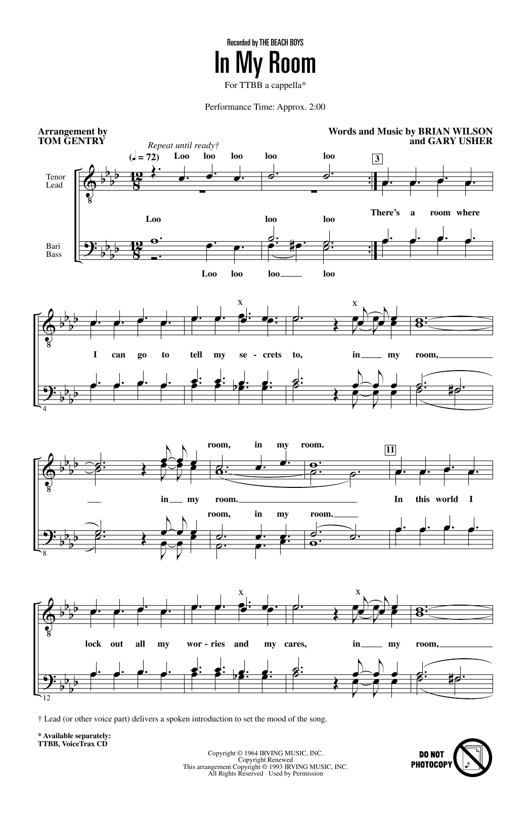 The Beach Boys In My Room (arr. Tom Gentry) sheet music notes and chords arranged for TTBB Choir
