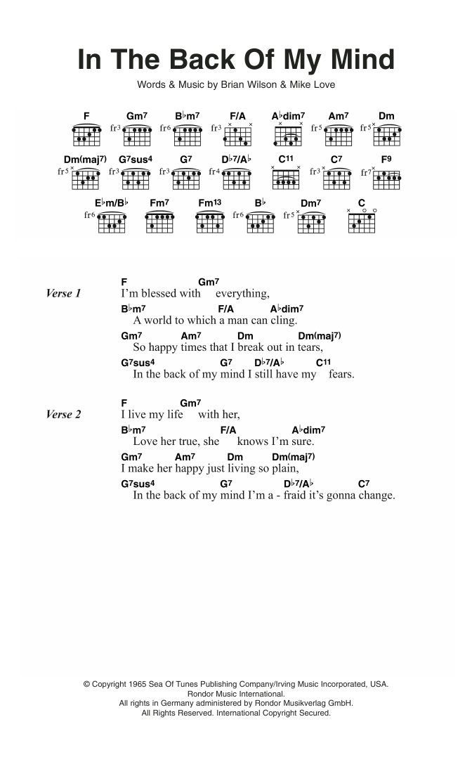 The Beach Boys In The Back Of My Mind sheet music notes and chords arranged for Guitar Chords/Lyrics