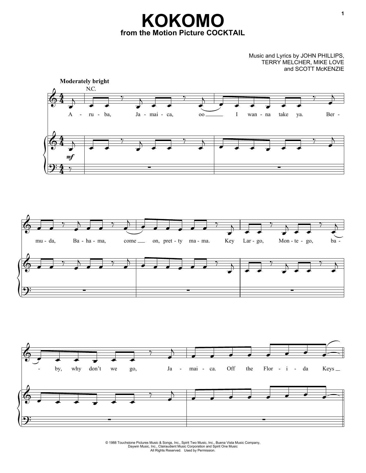 The Beach Boys Kokomo sheet music notes and chords arranged for Lead Sheet / Fake Book