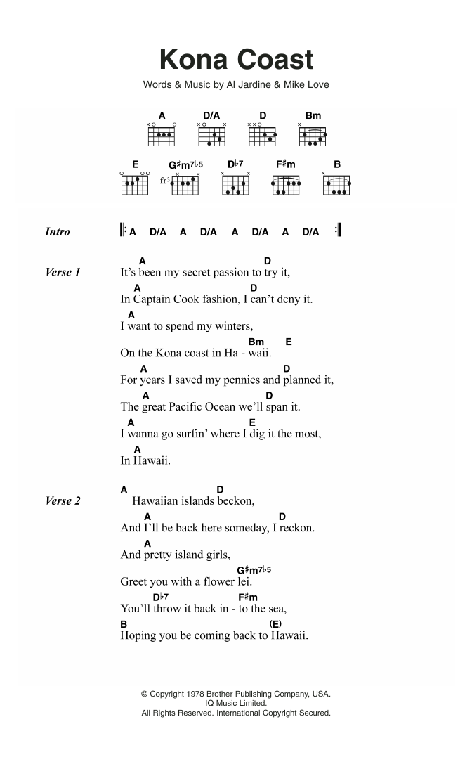 The Beach Boys Kona Coast sheet music notes and chords arranged for Guitar Chords/Lyrics