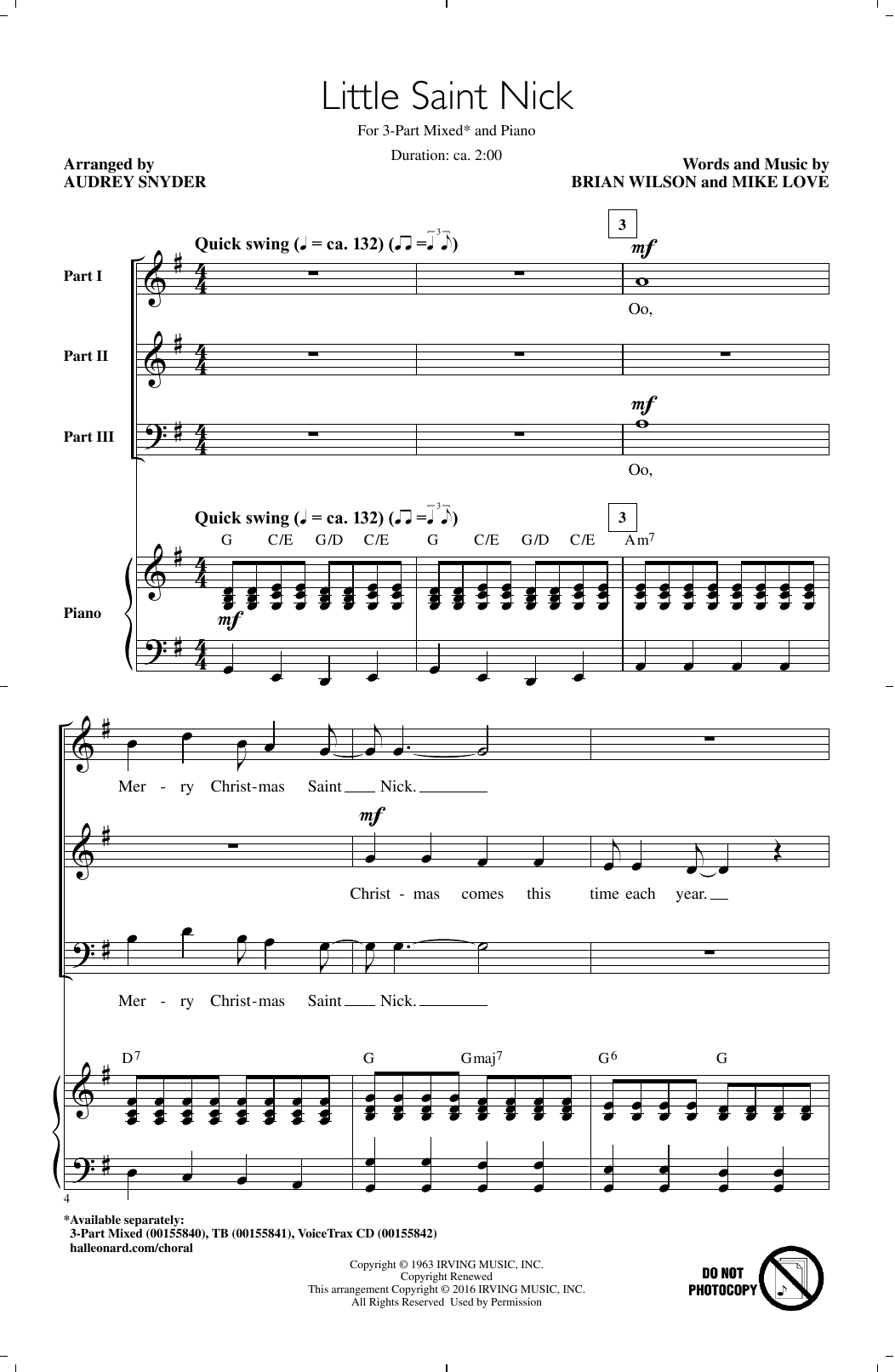 The Beach Boys Little Saint Nick (arr. Audrey Snyder) sheet music notes and chords arranged for 3-Part Mixed Choir