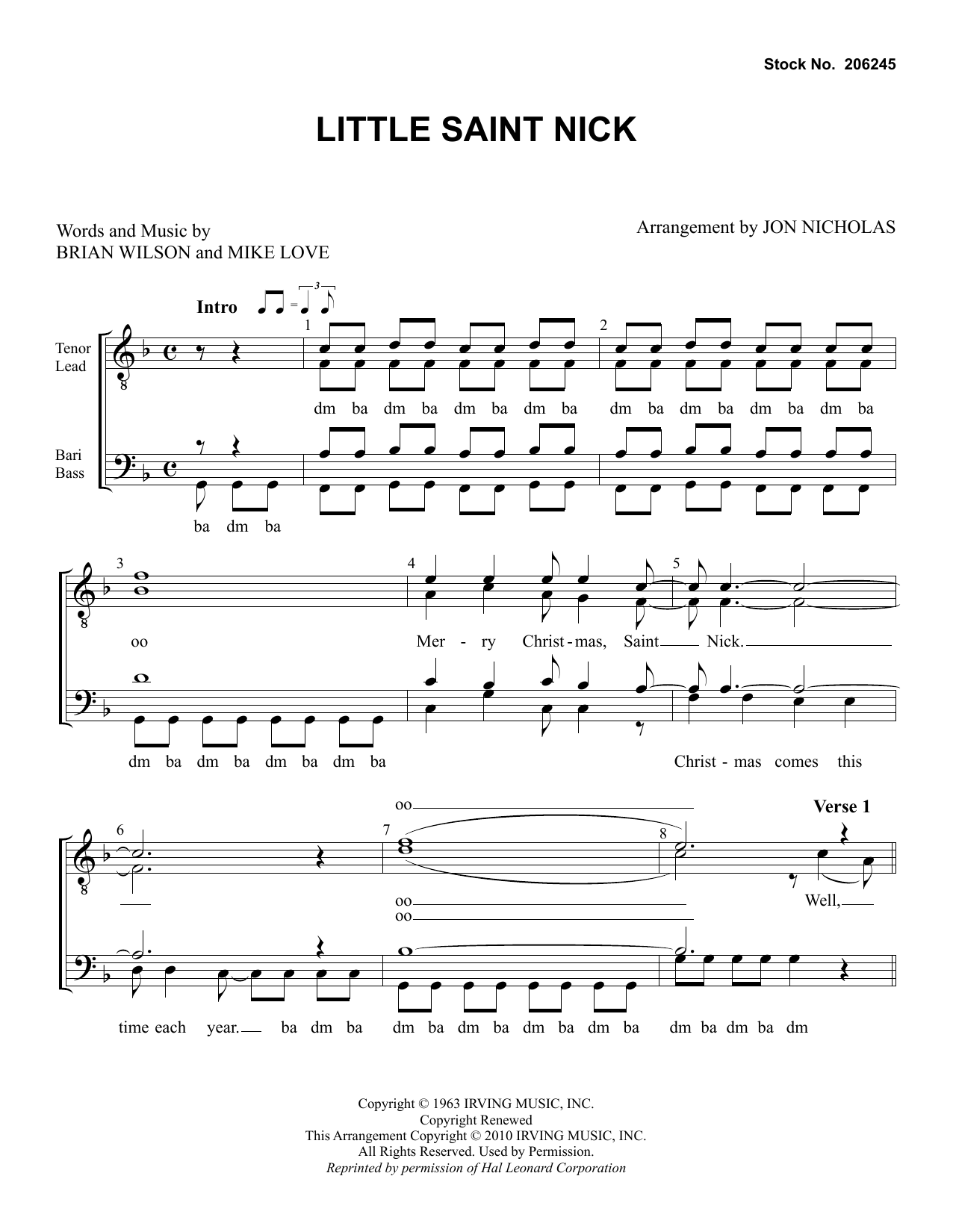 The Beach Boys Little Saint Nick (arr. Jon Nicholas) sheet music notes and chords arranged for TTBB Choir