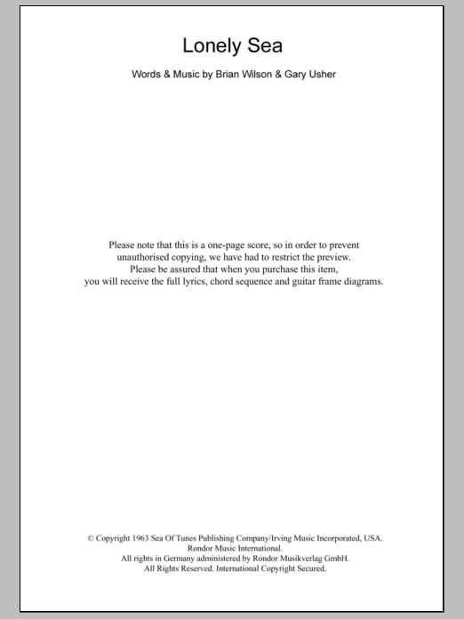 The Beach Boys Lonely Sea sheet music notes and chords arranged for Guitar Chords/Lyrics