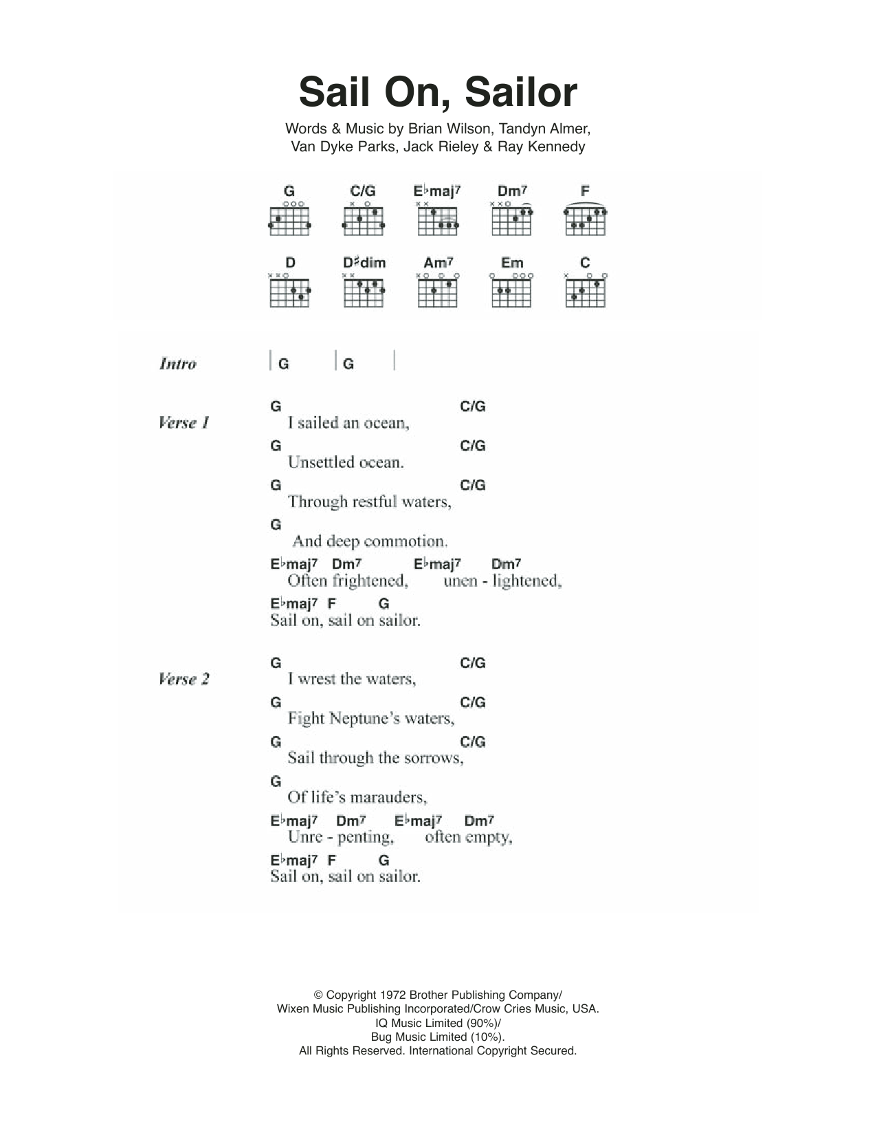 The Beach Boys Sail On, Sailor sheet music notes and chords arranged for Guitar Chords/Lyrics