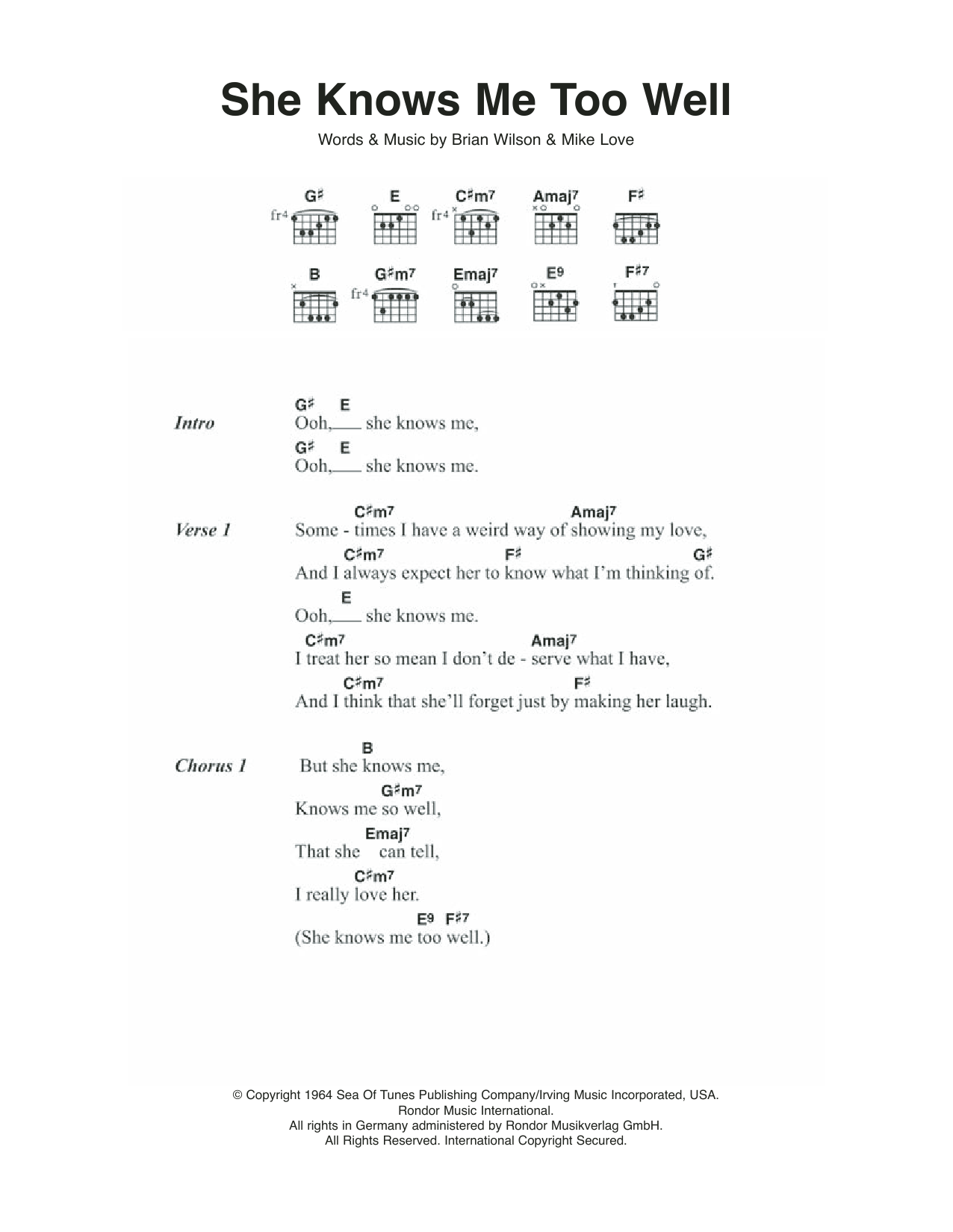 The Beach Boys She Knows Me Too Well sheet music notes and chords arranged for Guitar Chords/Lyrics