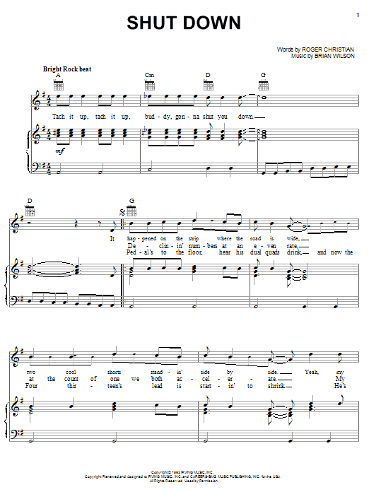 The Beach Boys Shut Down sheet music notes and chords arranged for Piano, Vocal & Guitar Chords (Right-Hand Melody)