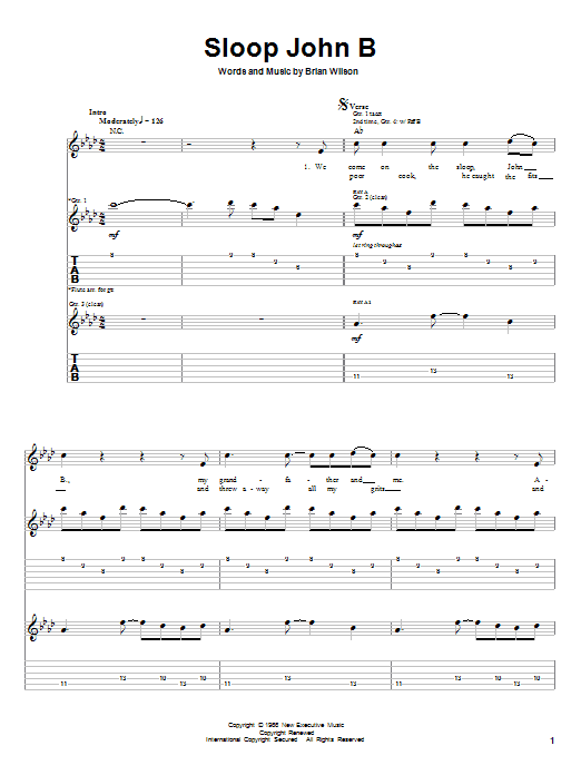 The Beach Boys Sloop John B sheet music notes and chords arranged for Piano, Vocal & Guitar Chords (Right-Hand Melody)