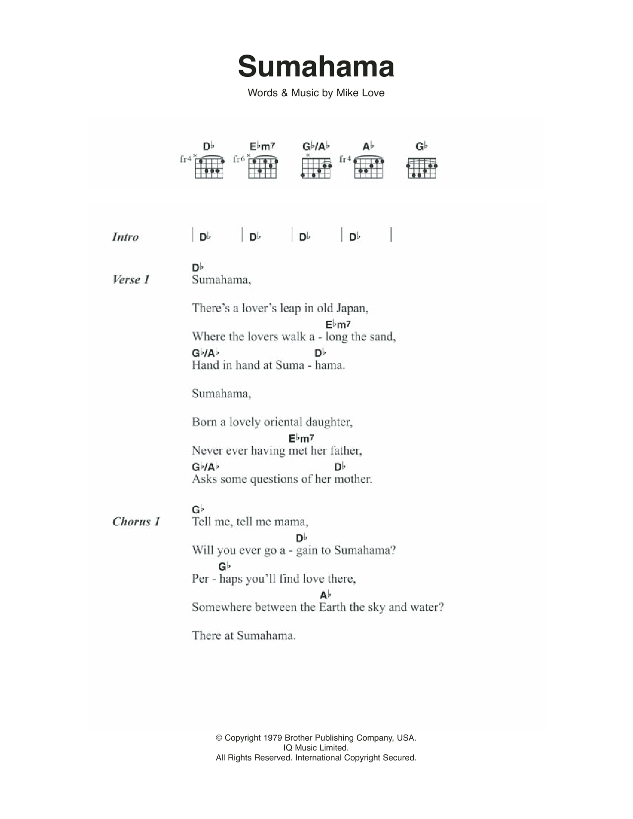 The Beach Boys Sumahama sheet music notes and chords arranged for Guitar Chords/Lyrics