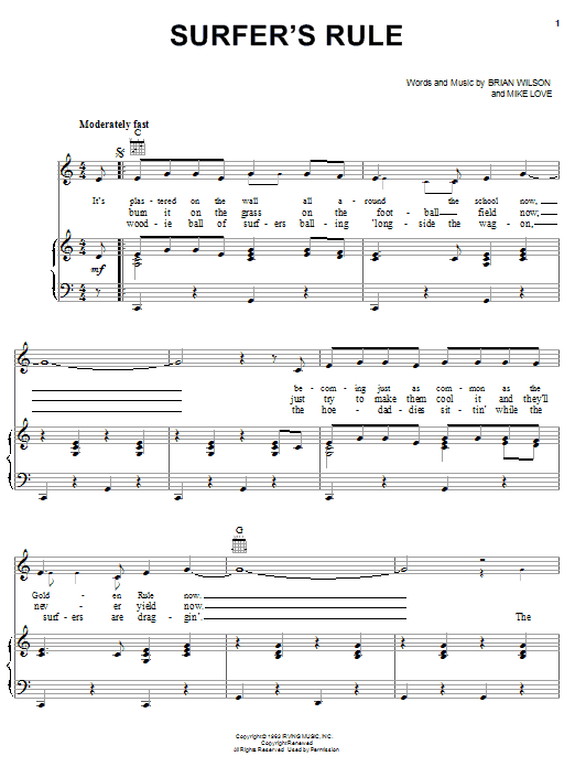 The Beach Boys Surfer's Rule sheet music notes and chords arranged for Piano, Vocal & Guitar Chords (Right-Hand Melody)