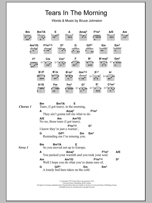The Beach Boys Tears In The Morning sheet music notes and chords arranged for Guitar Chords/Lyrics