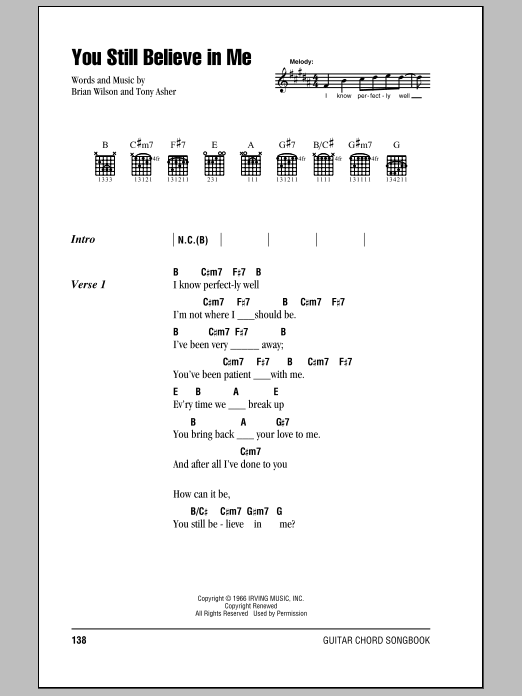 The Beach Boys You Still Believe In Me sheet music notes and chords arranged for Guitar Chords/Lyrics