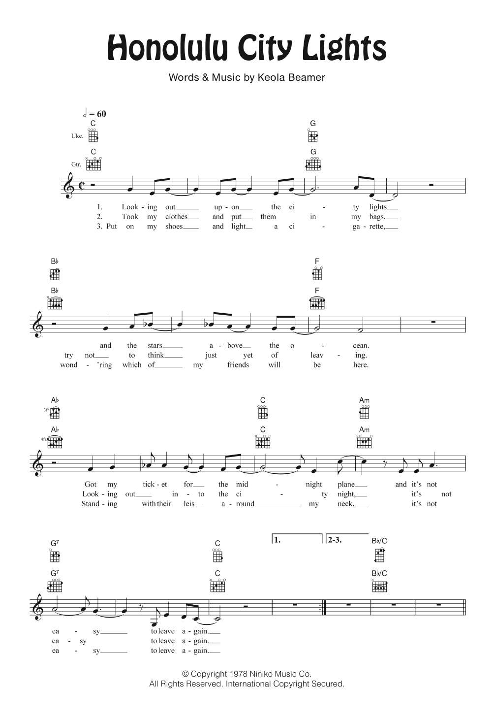 The Beamer Brothers Honolulu City Lights sheet music notes and chords arranged for Ukulele