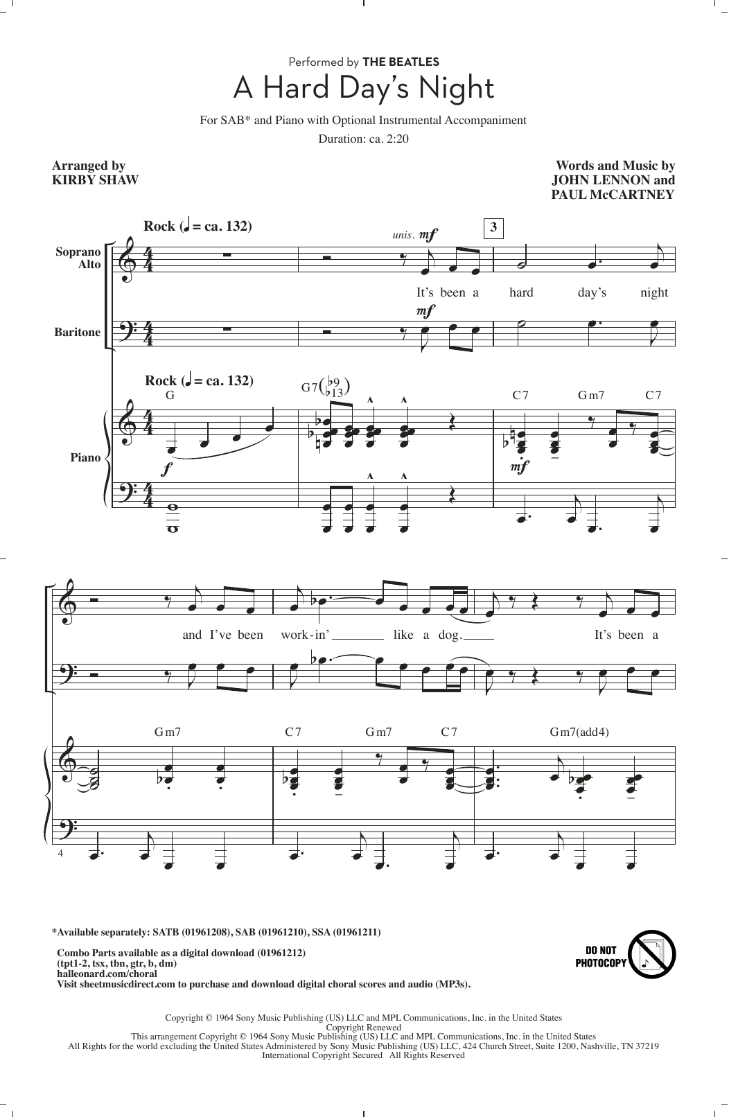 The Beatles A Hard Day's Night (arr. Kirby Shaw) sheet music notes and chords arranged for SSA Choir
