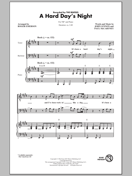 The Beatles A Hard Day's Night (arr. Roger Emerson) sheet music notes and chords arranged for TB Choir