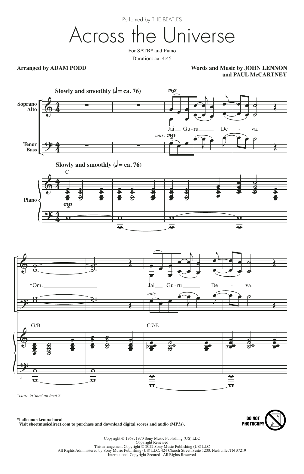 The Beatles Across The Universe (arr. Adam Podd) sheet music notes and chords arranged for SATB Choir