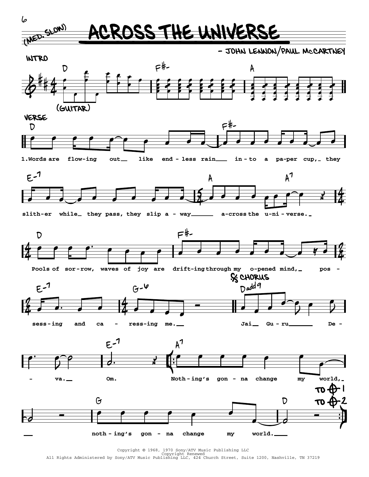 The Beatles Across The Universe [Jazz version] sheet music notes and chords arranged for Real Book – Melody, Lyrics & Chords