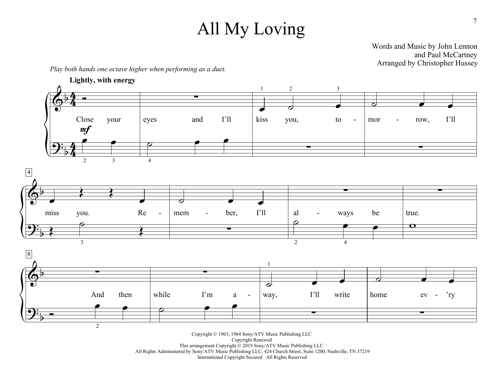 The Beatles All My Loving (arr. Christopher Hussey) sheet music notes and chords arranged for Piano Duet