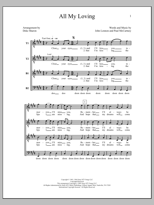 The Beatles All My Loving (arr. Deke Sharon) sheet music notes and chords arranged for TTBB Choir