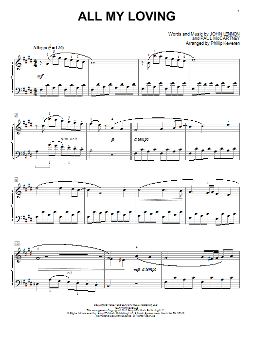 The Beatles All My Loving [Classical version] (arr. Phillip Keveren) sheet music notes and chords arranged for Easy Piano