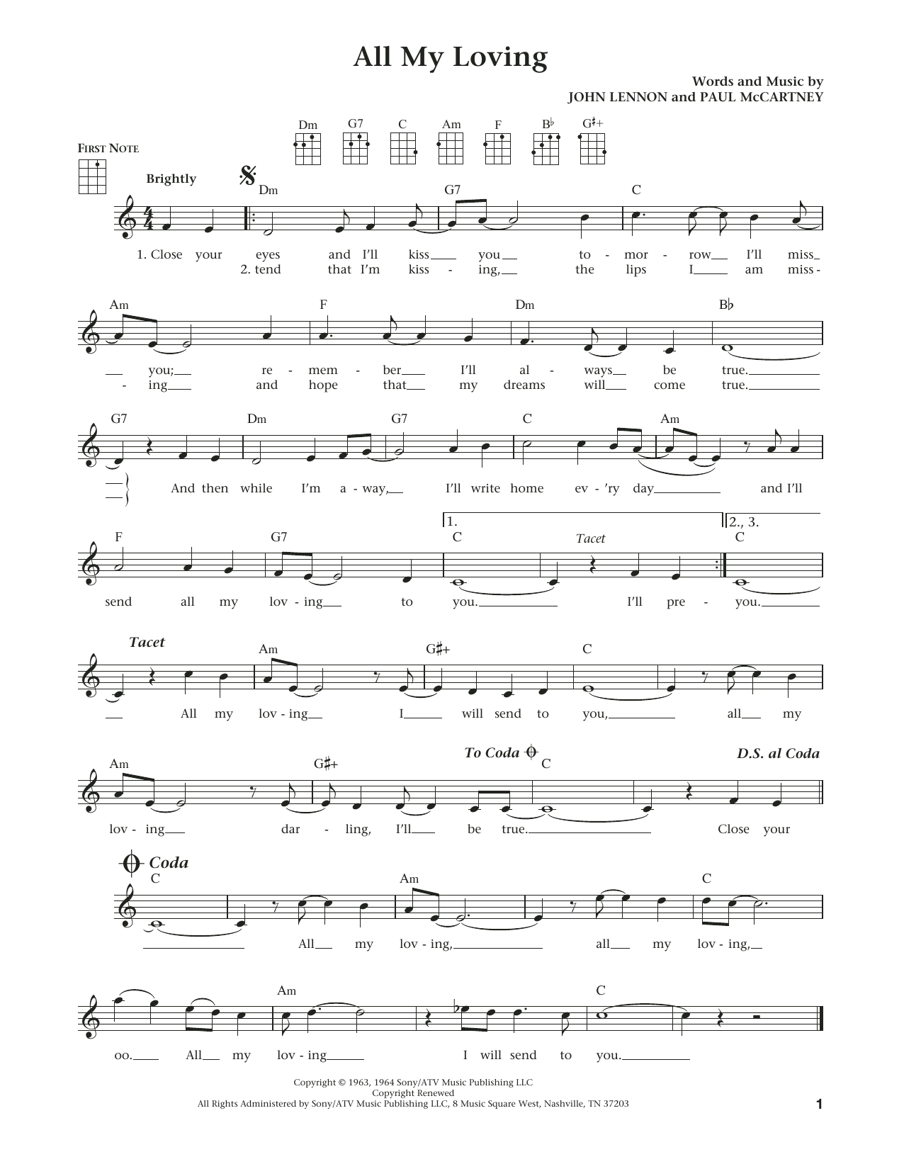The Beatles All My Loving (from The Daily Ukulele) (arr. Liz and Jim Beloff) sheet music notes and chords arranged for Ukulele