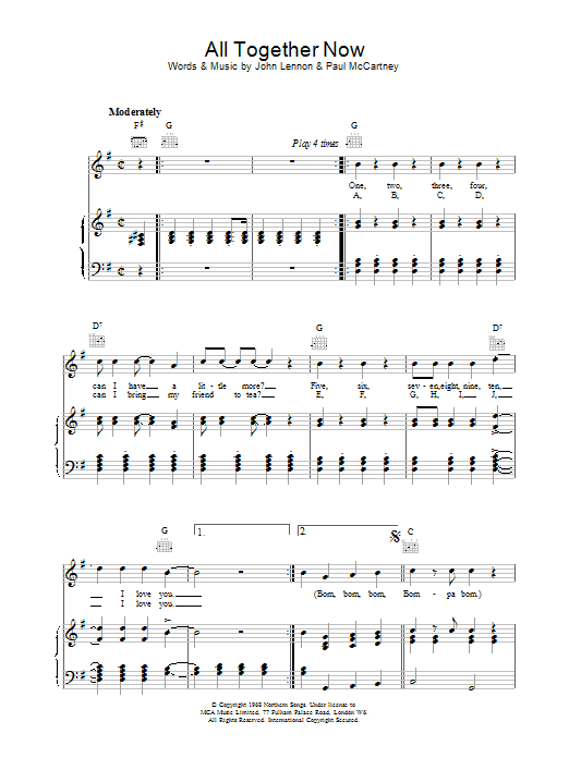 The Beatles All Together Now sheet music notes and chords arranged for Piano, Vocal & Guitar Chords