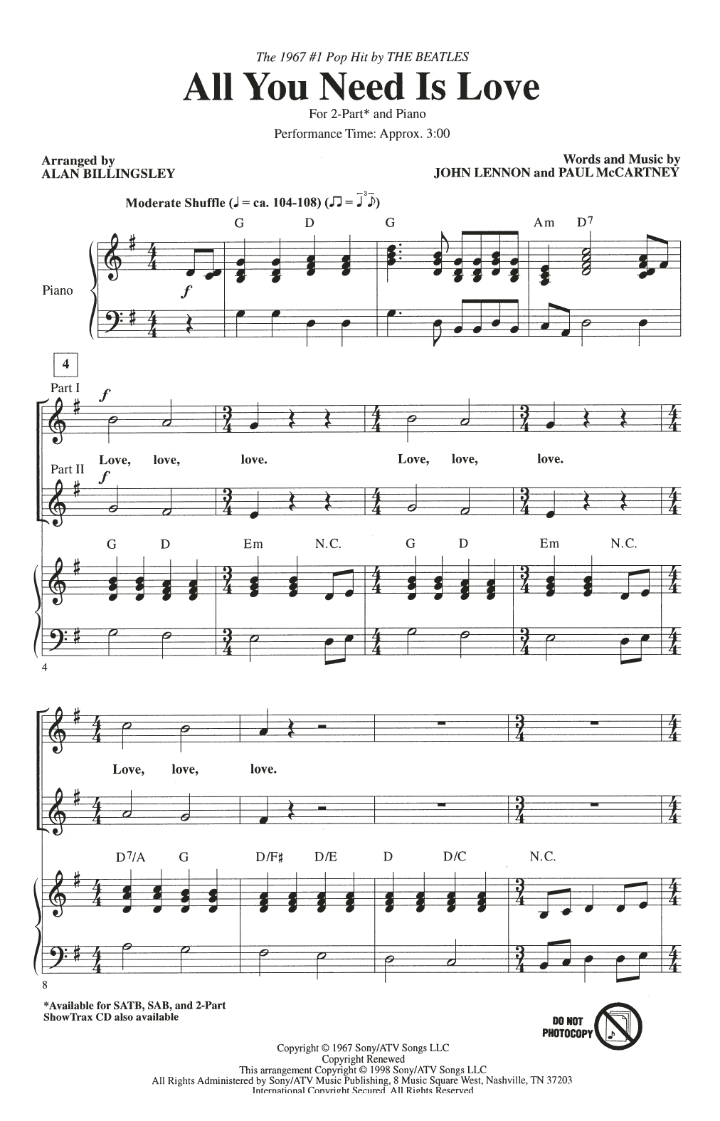 The Beatles All You Need Is Love (arr. Alan Billingsley) sheet music notes and chords arranged for 2-Part Choir