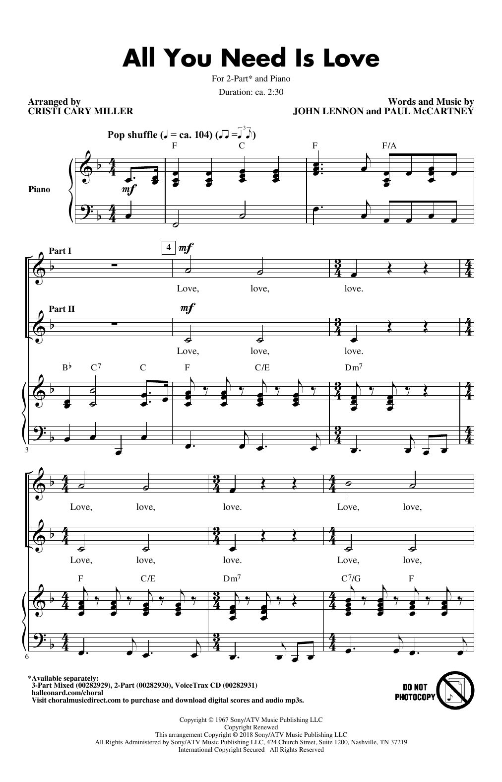 The Beatles All You Need Is Love (arr. Cristi Cari Miller) sheet music notes and chords arranged for 3-Part Mixed Choir
