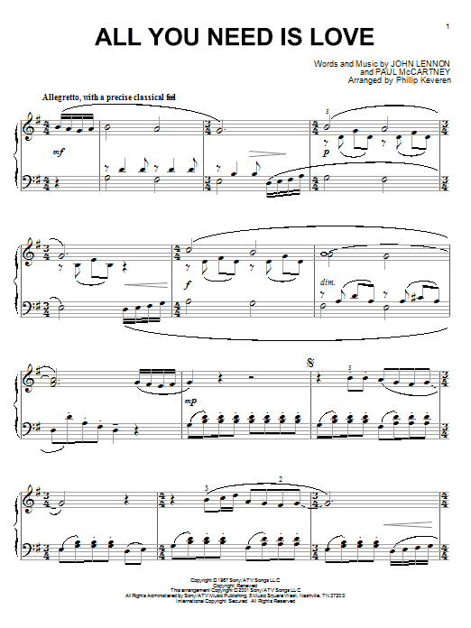 The Beatles All You Need Is Love (arr. Phillip Keveren) sheet music notes and chords arranged for Piano Solo