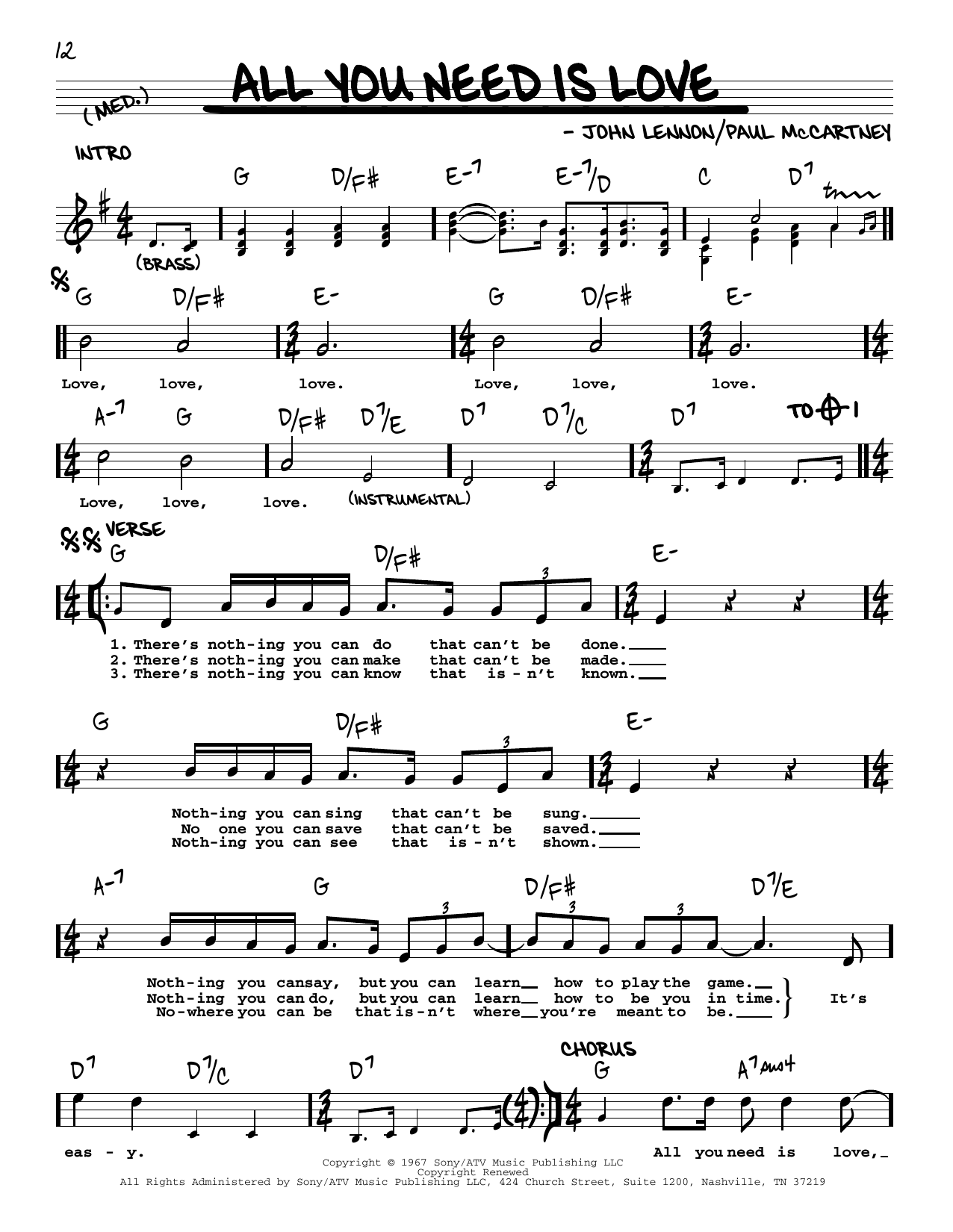 The Beatles All You Need Is Love [Jazz version] sheet music notes and chords arranged for Real Book – Melody, Lyrics & Chords