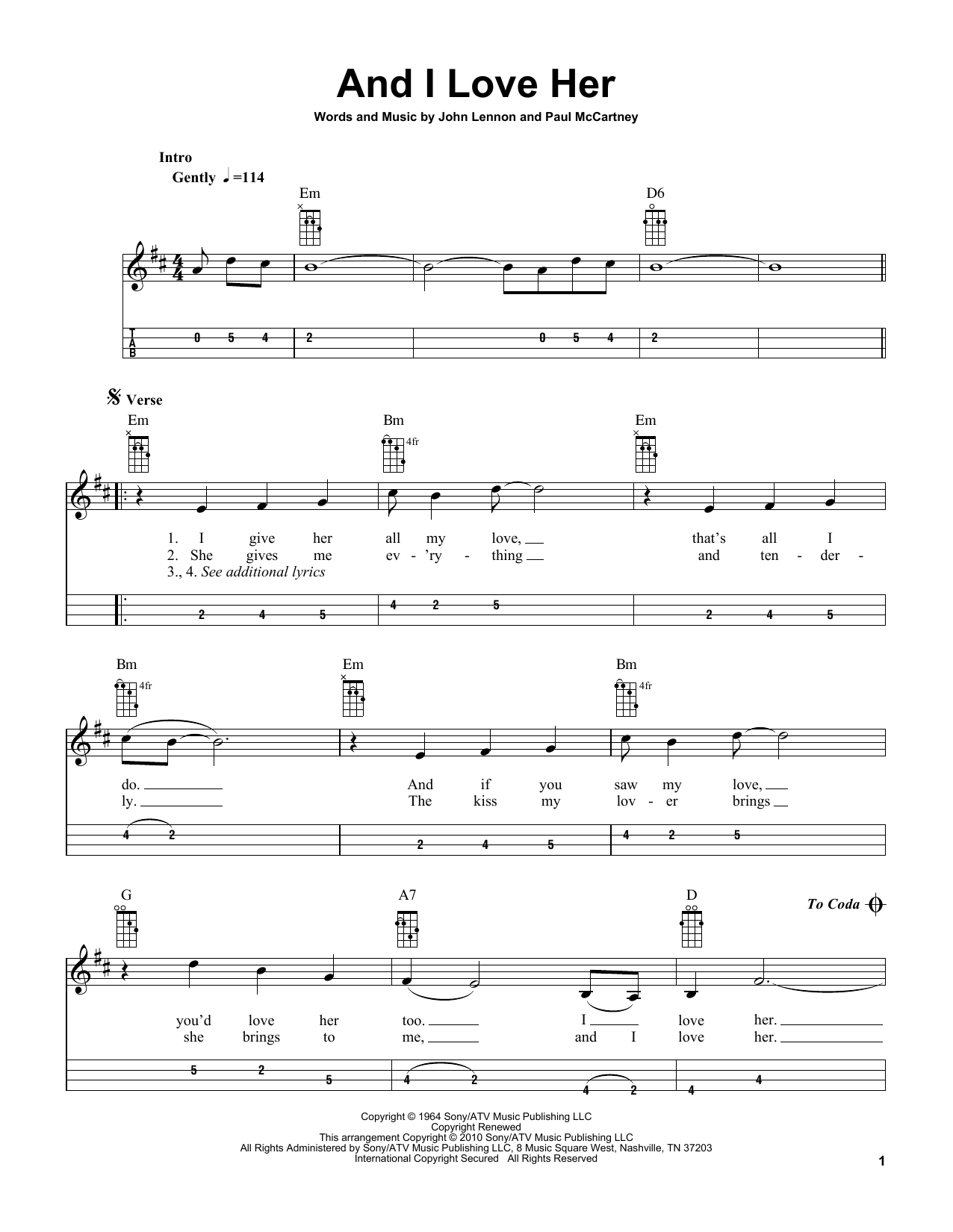 The Beatles And I Love Her (arr. Bobby Westfall) sheet music notes and chords arranged for Mandolin