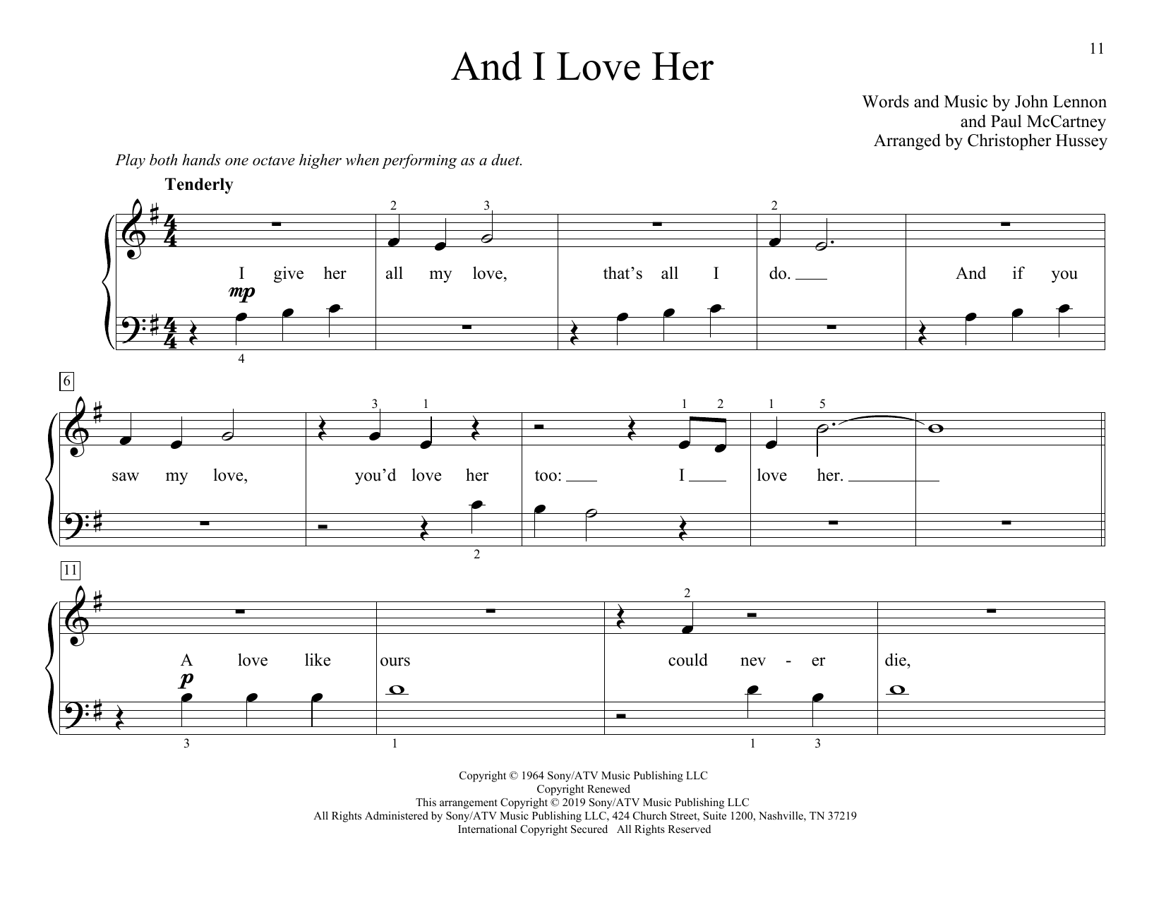 The Beatles And I Love Her (arr. Christopher Hussey) sheet music notes and chords arranged for Piano Duet
