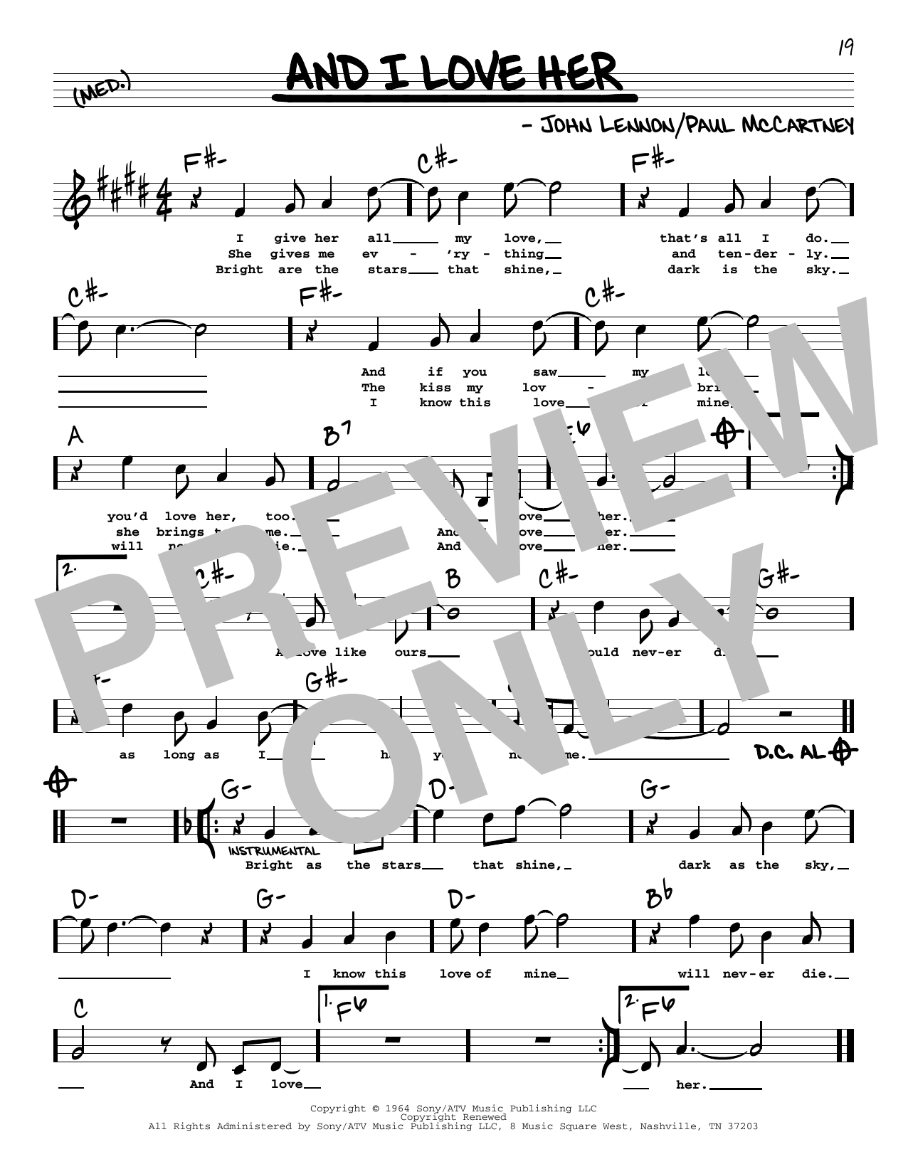 The Beatles And I Love Her (High Voice) sheet music notes and chords arranged for Real Book – Melody, Lyrics & Chords