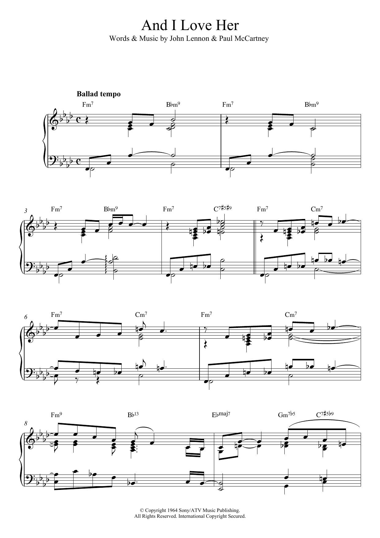 The Beatles And I Love Her (jazz version) sheet music notes and chords arranged for Piano Solo