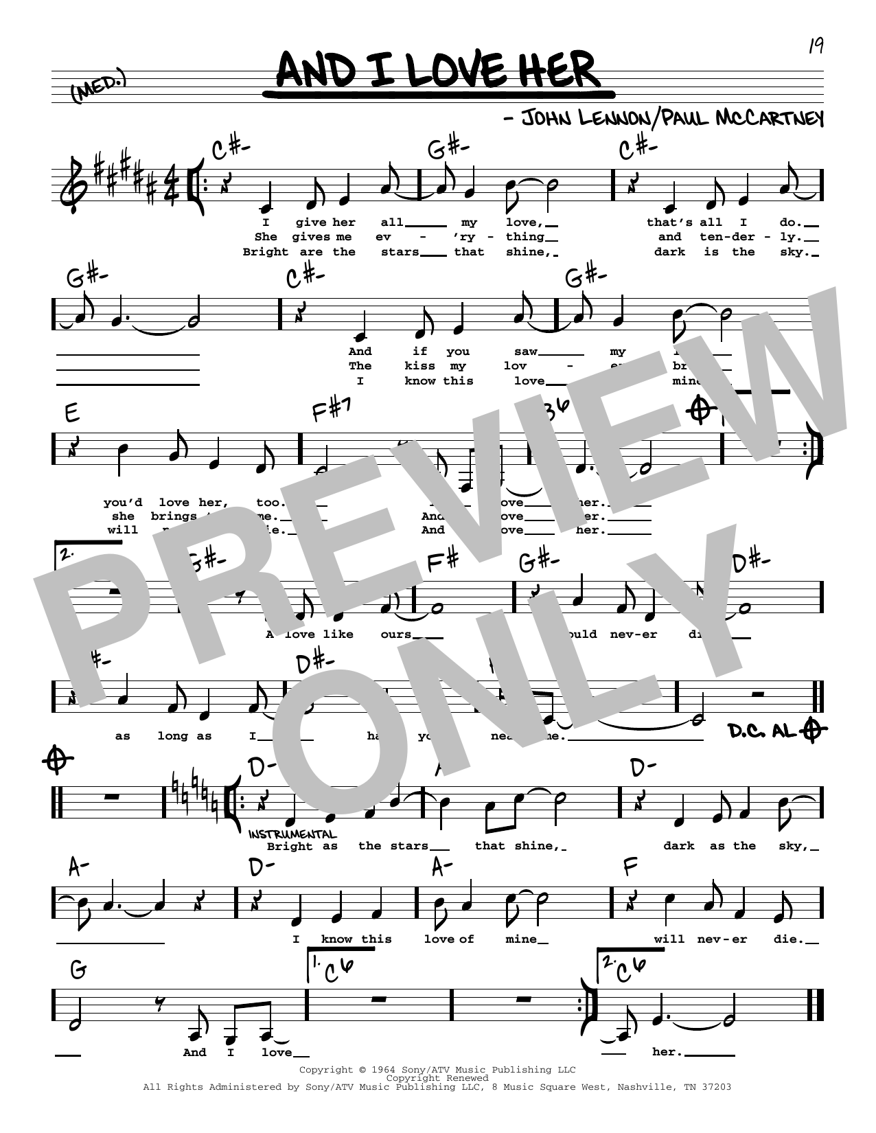 The Beatles And I Love Her (Low Voice) sheet music notes and chords arranged for Real Book – Melody, Lyrics & Chords