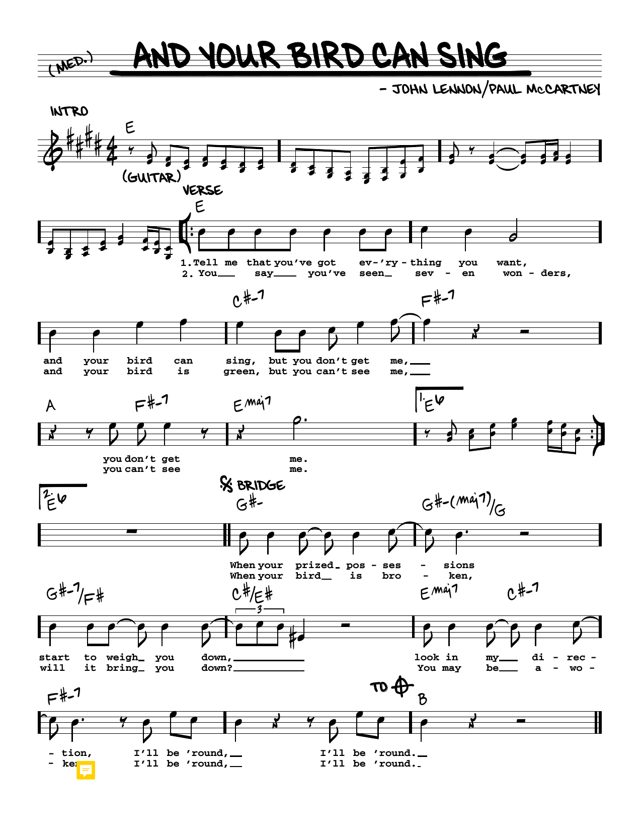 The Beatles And Your Bird Can Sing [Jazz version] sheet music notes and chords arranged for Real Book – Melody, Lyrics & Chords