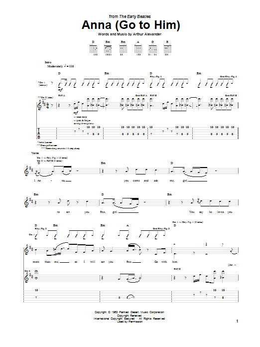 The Beatles Anna (Go To Him) sheet music notes and chords arranged for Piano, Vocal & Guitar Chords (Right-Hand Melody)