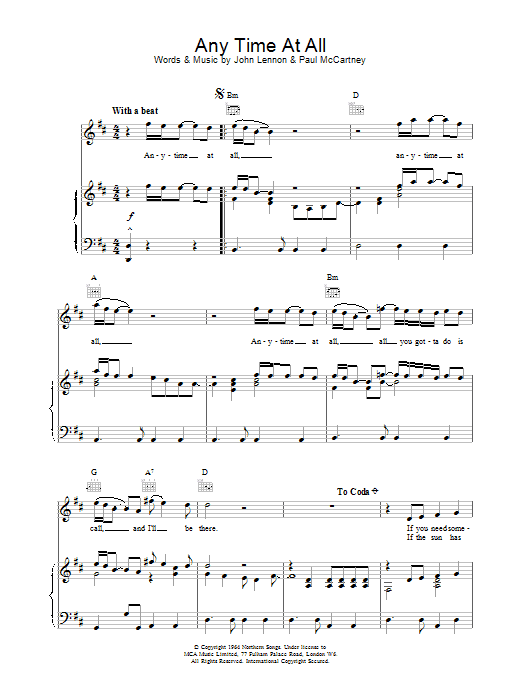 The Beatles Any Time At All sheet music notes and chords arranged for Piano, Vocal & Guitar Chords