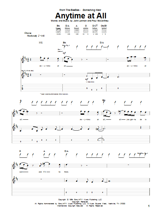 The Beatles Anytime At All sheet music notes and chords arranged for Piano, Vocal & Guitar Chords (Right-Hand Melody)