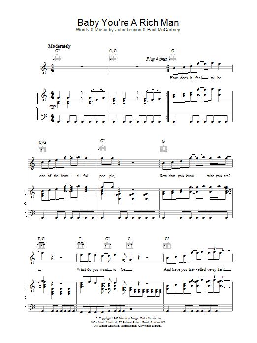 The Beatles Baby You're A Rich Man sheet music notes and chords arranged for Piano, Vocal & Guitar Chords