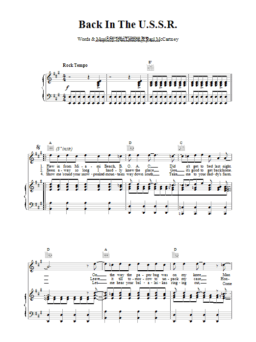 The Beatles Back In The U.S.S.R. sheet music notes and chords arranged for Easy Piano