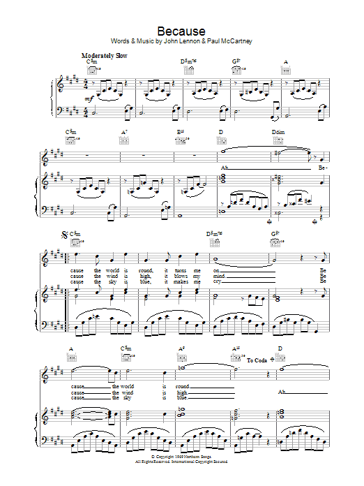 The Beatles Because sheet music notes and chords arranged for Easy Piano