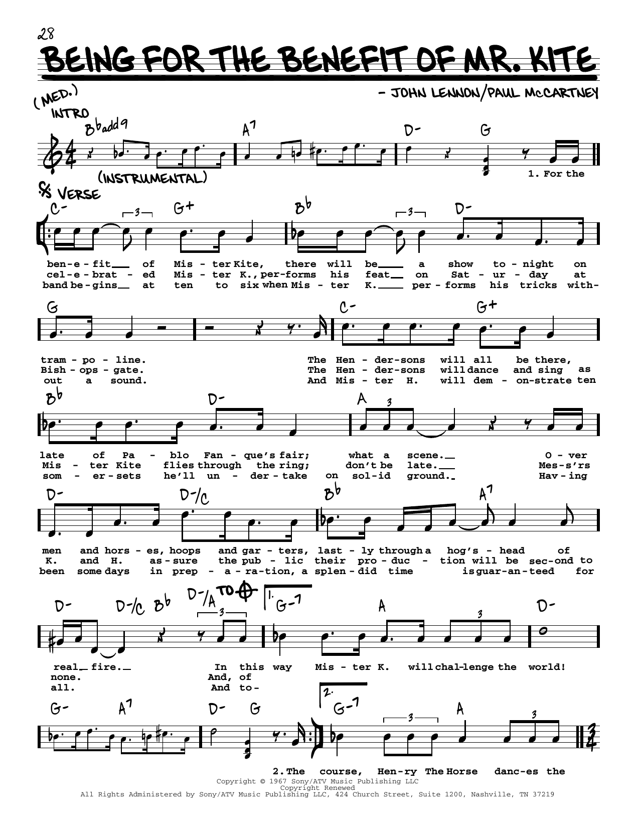 The Beatles Being For The Benefit Of Mr. Kite [Jazz version] sheet music notes and chords arranged for Real Book – Melody, Lyrics & Chords