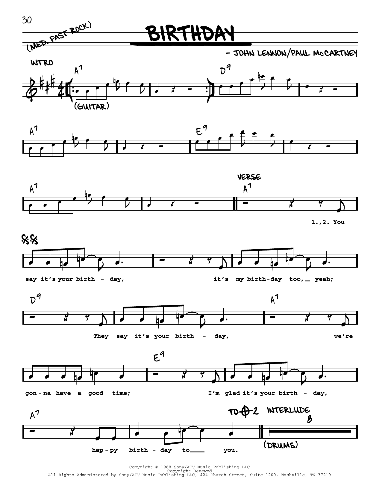 The Beatles Birthday [Jazz version] sheet music notes and chords arranged for Real Book – Melody, Lyrics & Chords