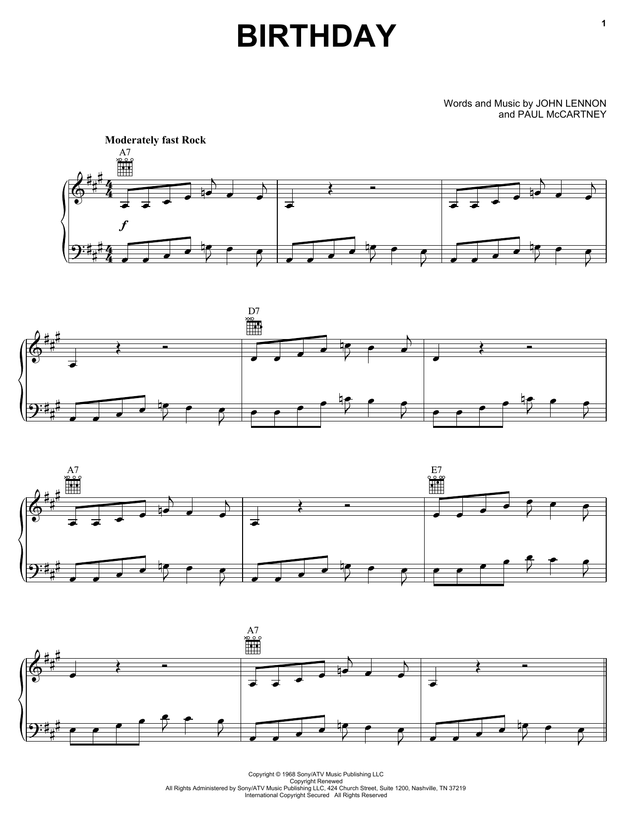 The Beatles Birthday sheet music notes and chords arranged for Piano, Vocal & Guitar Chords (Right-Hand Melody)