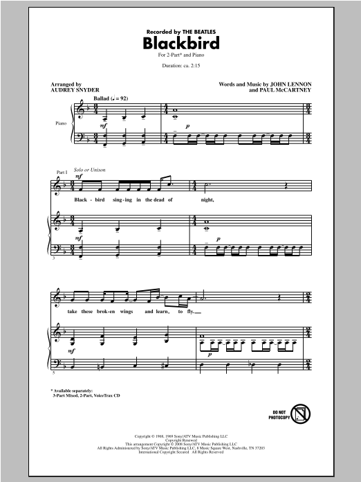 The Beatles Blackbird (arr. Audrey Snyder) sheet music notes and chords arranged for TB Choir