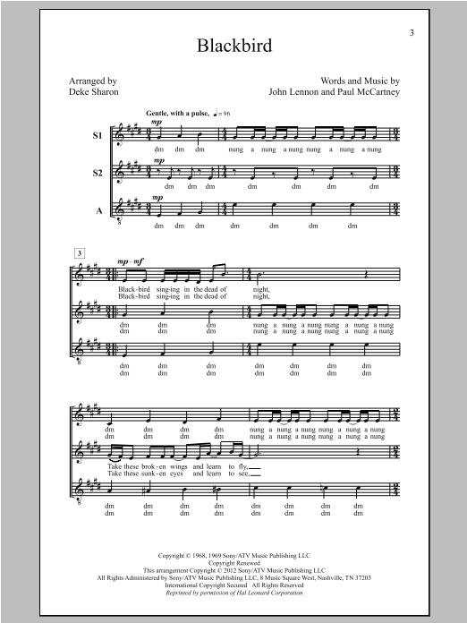 The Beatles Blackbird (arr. Deke Sharon) sheet music notes and chords arranged for SSA Choir