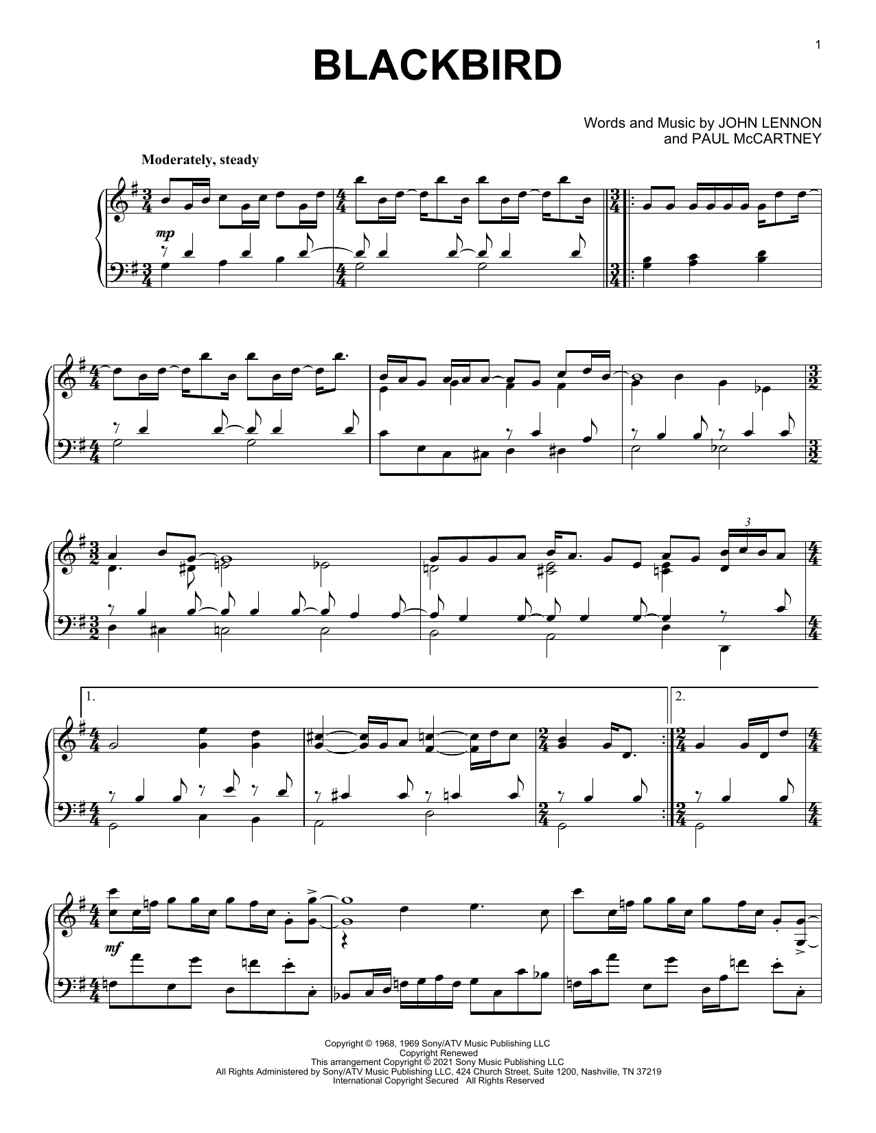The Beatles Blackbird [Classical version] sheet music notes and chords arranged for Piano Solo